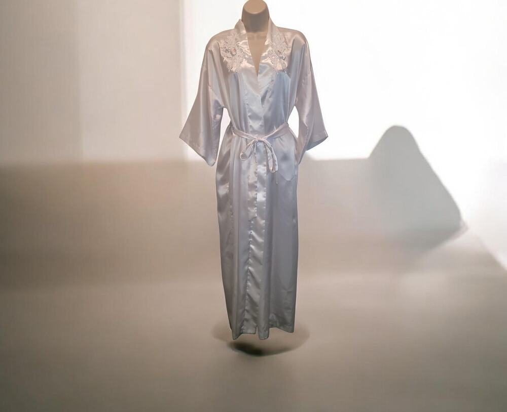 VTG California Dynasty Satin Lace Robe S Bridal Pearl USA Boudoir Old Hollywood